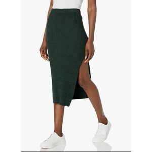 NWT MONROW Womens Ribbed Knit Midi Skirt Green Side Slit Drawstring Waist Size S